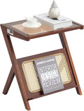 VEVOR End Table, Z-Shaped Rattan Woven Bamboo Coffee Table with Tempered Glass Top, 20” Modern Boho Storage Coffee Table with Natural Bamboo Legs, for Living Room, Bedroom & Small Spaces