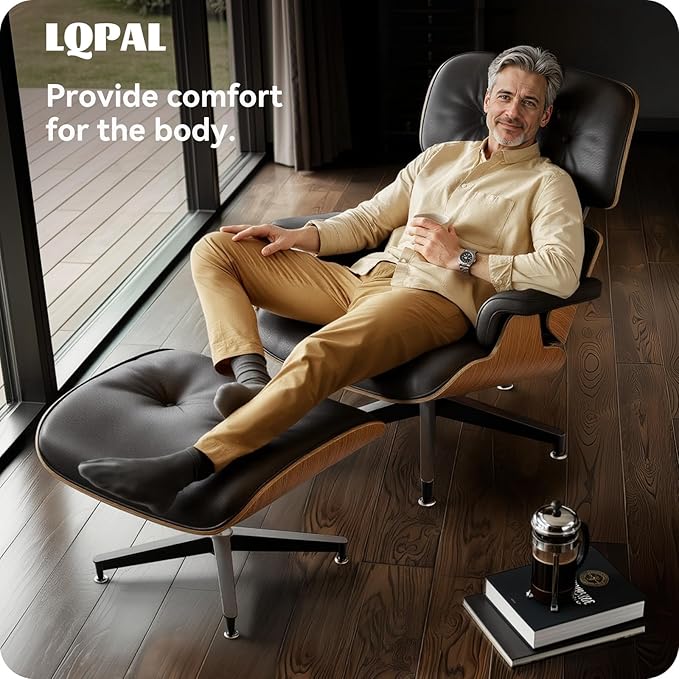 Top Black Grain Leather, Mid Century Chaise Lounge Chair and Ottoman, Modern Chair Classic Design, Walnut Wood, Heavy Duty Base Support for Living Room Study Lounge Office