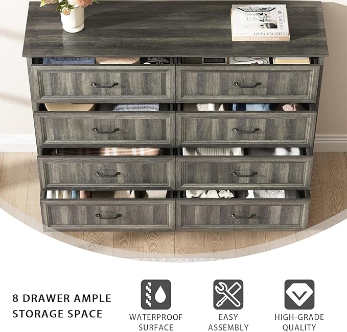 CARPETNAL Farmhouse Dresser and Nightstand Sets for Bedroom, 4 Pcs Bedroom Set, 5 Drawer & 8 Drawer Dresser and Nightstand Set of 2, Wood Chest of Drawers for Living Room, Entryway, Grey