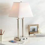 Possini Euro Design Amity Modern Table Lamp 26" High with USB and AC Power Outlet in Base Brushed Nickel White Linen Hardback Shade for Bedroom Living Room House Home Desk Bedside Nightstand Office