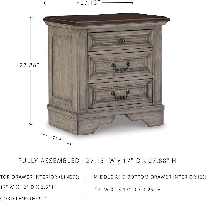 Signature Design by Ashley Lodenbay Casual 3 Drawer Night Stand with USB Charging Ports, Antique Gray