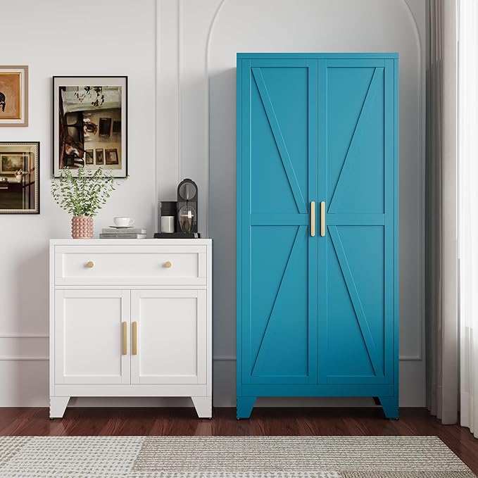 Large Metal Kitchen Pantry Cabinet with Adjustable Shelves - Freestanding Kitchen Storage Cabinet for Dining Room,Livingroom Bathroom, Hallway, Workshop, Office (Blue, 71"- 0 Drawer)