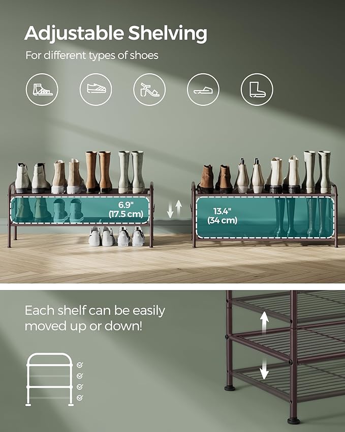 SONGMICS 2-Tier Shoe Organizer, Metal Shelf Storage With 4 Side Hooks, Holds 10 Pairs, Height-Adjustable Rack for Entryway, Hallway, Closet, Easy Assembly, Chestnut Brown