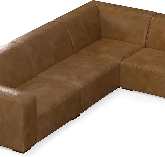SIMPLIHOME Rex U-Shaped Sectional Modular Sofa in Full-Grain Genuine Leather, Caramel Brown, 144-inches Wide, Handcrafted Modern-Style Large Leather Couch for Living Room