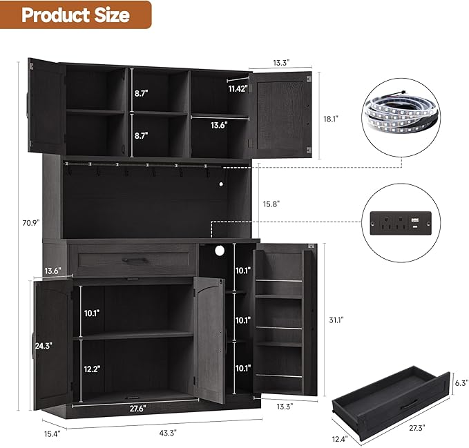 ONBRILL 71" Pantry Cabinet, Kitchen Pantry Storage Cabinet with LED Light & Outlet, Kitchen Hutch with Microwave Shelf & 6 Hooks, Door Shelf & Drawer & Adjustable Shelf, for Dining Room, Black