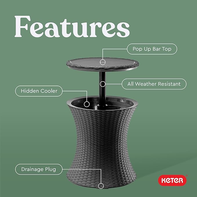 Keter Pacific Cool Bar Outdoor Patio Furniture and Hot Tub Side Table with 7.5 Gallon Beer and Wine Cooler, Dark Grey
