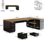 Tribesigns 85.8-Inch L-Shaped Executive Desk with File Drawers, Door Cabinet & Shelves, Extra Large Commercial Office Desk, Modern Professional Office Table, Business Furniture, Natural & Black