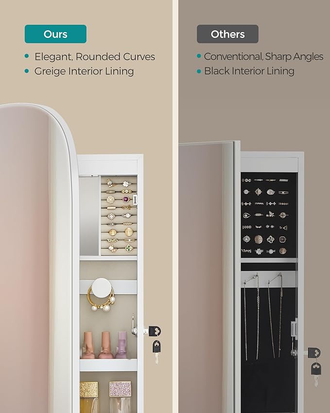 SONGMICS Jewelry Organizer, LED Jewelry Cabinet Wall/Door Mounted, Lockable Rounded Wide Mirror with Storage, Christmas Gift 3.9 x 16.5 x 42.5 Inches, White Surface with Greige Lining