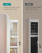 SONGMICS Jewelry Organizer, LED Jewelry Cabinet Wall/Door Mounted, Lockable Rounded Wide Mirror with Storage, Christmas Gift 3.9 x 16.5 x 42.5 Inches, White Surface with Greige Lining