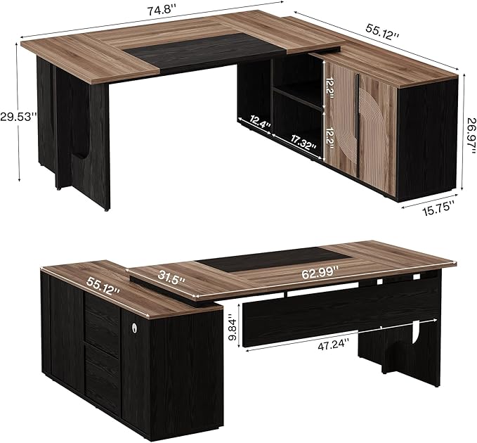 Tribesigns 74.8 Inch Executive Desk, Large Office Desk with Cabinet, L Shaped Computer Table with Shelves and CPU Storage, Modern Home Office Desks Business Furniture Workstation Set