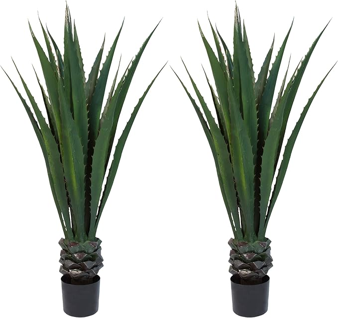 Pure Garden Set of 2 Giant Agave Faux Plants - 52-Inch Fake Succulents with Pots - Artificial Trees Blend Southwestern Style with Modern Home Decor