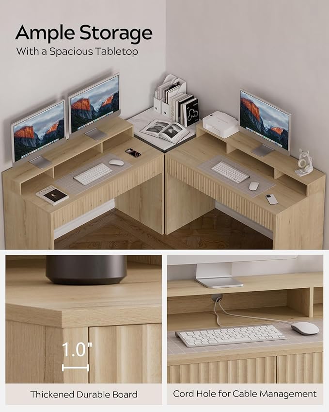 Fluted Executive Desk with Storage Shelf, 47" Modern Wood Home Office Desk with Long Monitor Stand & 2 Drawers, Writing Study Computer Table Vanity Desks, Light Oak