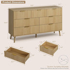CARPETNAL Fluted 7 Drawer Dresser for Bedroom, 55" Wide Wooden Chest of Drawers with Rounded Corners, Gold Handles, Modern Storage Organizer for Bedroom, Hallway(Oak)
