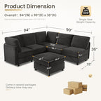 KKL Modular Sectional Sofa V-Shaped 6 Seater Couch with Storage Ottoman, Convertible L/J-Shaped Couch and Sofa Bed Plush Wide-Wale Corduroy for Living Room, Apartment, Modern Design, Black
