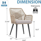 JOIVI Outdoor Dining Chairs Set of 4, 4 Pieces Woven Rope Patio Chairs with Armrest and Seat Cushions for Outside Porch, Balcony or Indoor Kitchen, Restaurant, Tan