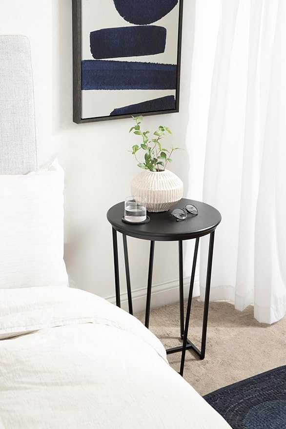 Kate and Laurel Solvay Round Metal and Wood Side Table; 16 x 16 x 24; Black; Modern Bedroom Nightstand Table with Solid Mango Wood Tabletop and Iron Base