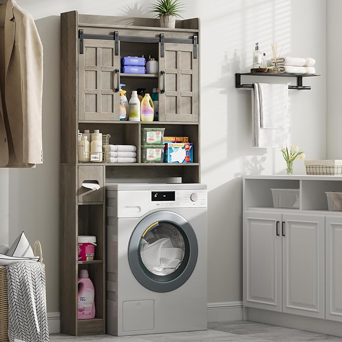 Over The Toilet Storage Cabinet, Farmhouse Storage Cabinet Over Toilet with Sliding Doors，Home Space-Saving Toilet Rack, for Bathroom, Restroom, Laundry.Wash Grey