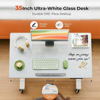 35inch Glass Standing Desk，90° Tiltable Mobile Rising Desk Height Adjustable，Whole Piece Rolling Sit Stand Table with Wheels，Foldable Small Laptop Desk，White