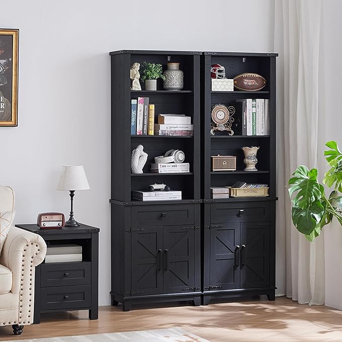 72in Tall Bookshelf 7 Tier Bookcase with Drawer and Barn Doors and Adjustable Shelves, Black Farmhouse Book Shelf with Storage Cabinet, Wood Freestanding Display Bookshelves for Kitchen (4PCS)