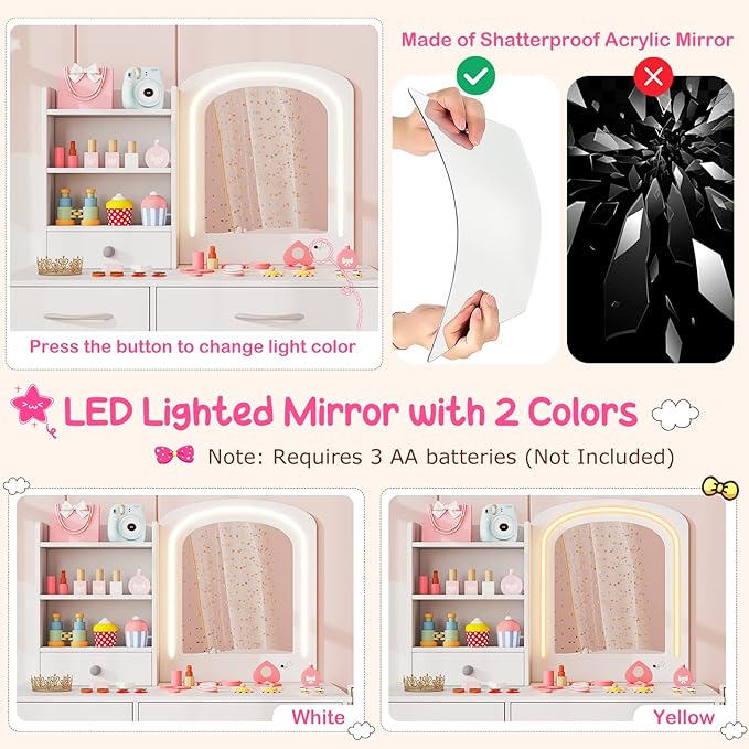 Costzon Kids Vanity with Lights, Princess Makeup Dressing Desk with Mirror and Stool, Storage Drawers, Shelves, Vanity Table and Chair Set for Little Girls (White)