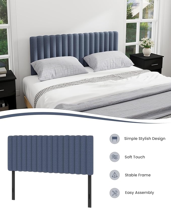 Full Size Upholstered Headboard Only, Channel Tufted Headboard with Adjustable Height, Easy Assembly, Navy Blue