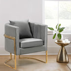 Velvet Modern Accent Chair, Upholstered Barrel Armchair Mid Century with Pillow for Living Room, Comfy Single Vanity Chair with Metal Gold Legs for Bedroom, Grey