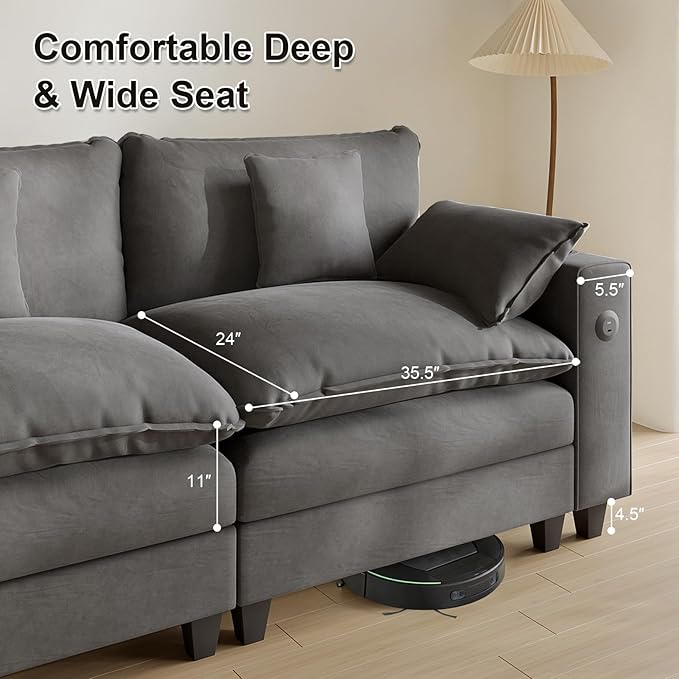 Cloud Couch, Modular Sectional Sofa with Ottoman, Charging Station, Throw Pillows, Cup Holders, Modern Convertible L Shaped Couches for Living Room, Bedroom (Grey, 116"- U Shape)