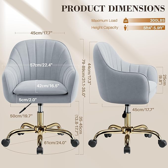 Comfy Home Office Desk Chairs Vanity Chair with Wheels Adjustable Modern Velvet Makeup Vanity Chairs for Bedroom Living Room（Grey）
