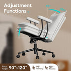 White Leather Office Chair with Wheels, Triple-Layers Thicken Wide Seat Height Adjustable, Mid Back, Comfy Desk Chair for Home, Office