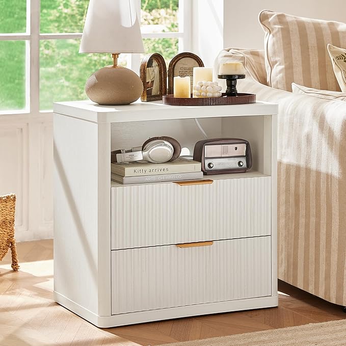 LEYAOYAO Fluted Nightstand with Charging Station, 23" Wide 2 Drawers End Table,White Night Stand with Open Storage Cabinet, Farmhouse Bed Side Tables, Wood Dresser for Bedroom, Living Room, Closet