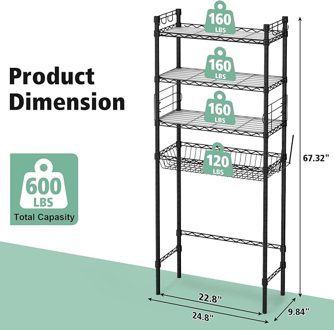 PrimeZone Over The Toilet Storage Shelf - 4 Tier Adjustable Metal Bathroom Wire Shelves Organizer with 2 Hooks, Freestanding Above Toilet Storage Rack for Bathroom Laundry, Black