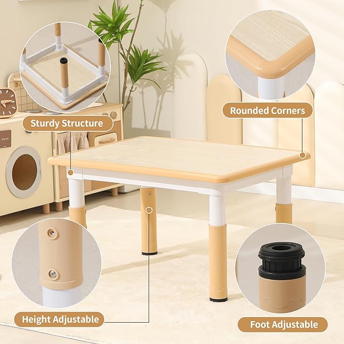 Toddler Table and 2 Chairs, Height-Adjustable Kids Table and Chairs Set, 31.5''L x 23.6''W Children Activity Table for Boys and Girls Aged 3-8