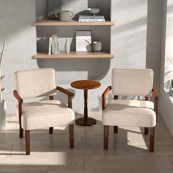Accent Chair Set of 2 with Table, PU Leather Chair for Living Room Oversized Armchair with Soft Seat and Armrests for Bedroom Dinning Reading Waiting Room (Leather Beige)