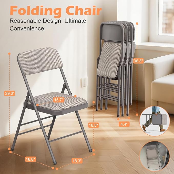 Commercial Grade Folding Chair with Padded Fabric Cushion（16"X16" |Double-hinged Legs Luxury Style|4.5kg Capacity Max Weight 150Kg for Home and Office,Indoor and Outdoor Events (2, Fabric-Beige)