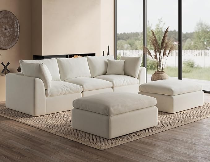 110" Cloud Sectional Couches for Living Room, Boneless U Shaped Couch with Ottoman, 3 Seater Modular Sectional Sofa, Warm White