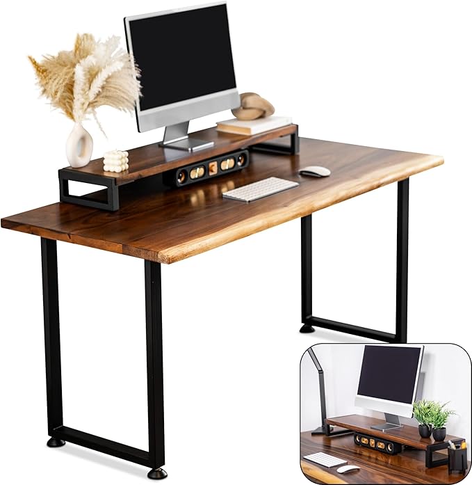 Wood Computer Desk with Monitor Stand - 48x27 Solid Wood Desk, Live Edge Walnut Desk, Sturdy Metal Legs - Scratch and Stain Resistant Finish - Premium Quality