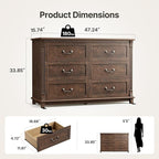 Amada 6 Drawers Dresser for Bedroom, Farmhouse 47" Wide Dresser & Chest of Drawers with Roman Column Design, Large Storage Organizer with 6 Drawer Sizes for Bedroom, Living Room