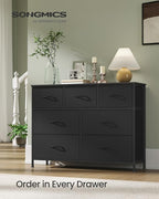 SONGMICS Dresser for Bedroom, Chest of Drawers, TV Stand, Steel, MDF, 7 Non-Woven Fabric Drawers, Storage Organizer Unit, Closet, Entryway, Ink Black and Ebony Black ULGS323B01S