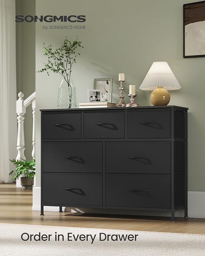 SONGMICS Dresser for Bedroom, Chest of Drawers, TV Stand, Steel, MDF, 7 Non-Woven Fabric Drawers, Storage Organizer Unit, Closet, Entryway, Ink Black and Ebony Black ULGS323B01S