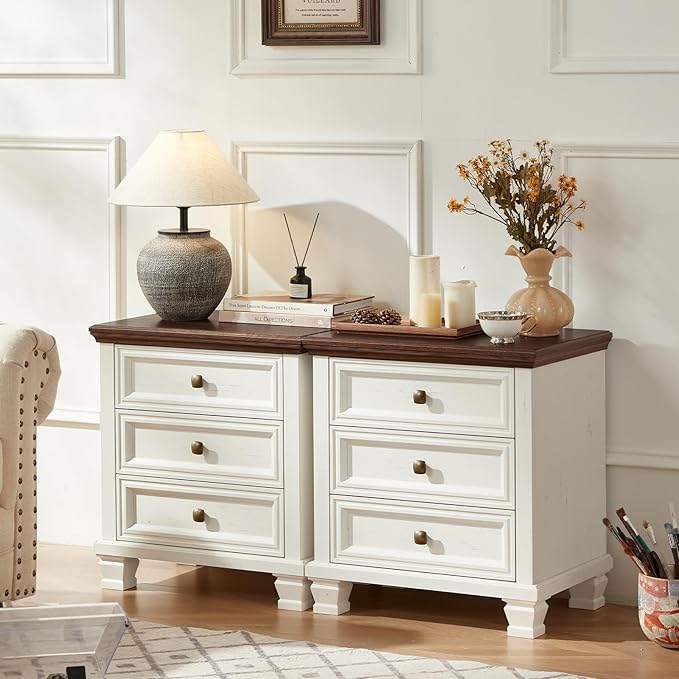 Farmhouse Nightstand with 3 Drawers, Rustic Couch End Table with 4 Square Solid Wood Legs, Mid-Century Modern Bed Side Table with Storage, Small Dresser for Bedroom, Living Room, White