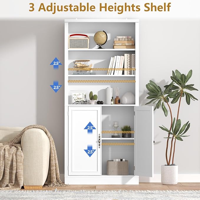 72'' Tall Bookcase with Doors, Adjustable Shelves, P2 MDF Construction, 32'' Wide Freestanding Cabinet with Metal Handles, Hidden Storage for Living Room, Bedroom, White