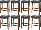 PrimeZone Counter Height Bar Stools Set of 8 - Backless Saddle Barstools with 4.3" Thick Upholstered, Nailhead Trim Faux Leather & Solid Wood Legs, 26 Inch Counter Stools for Kitchen Island, Black