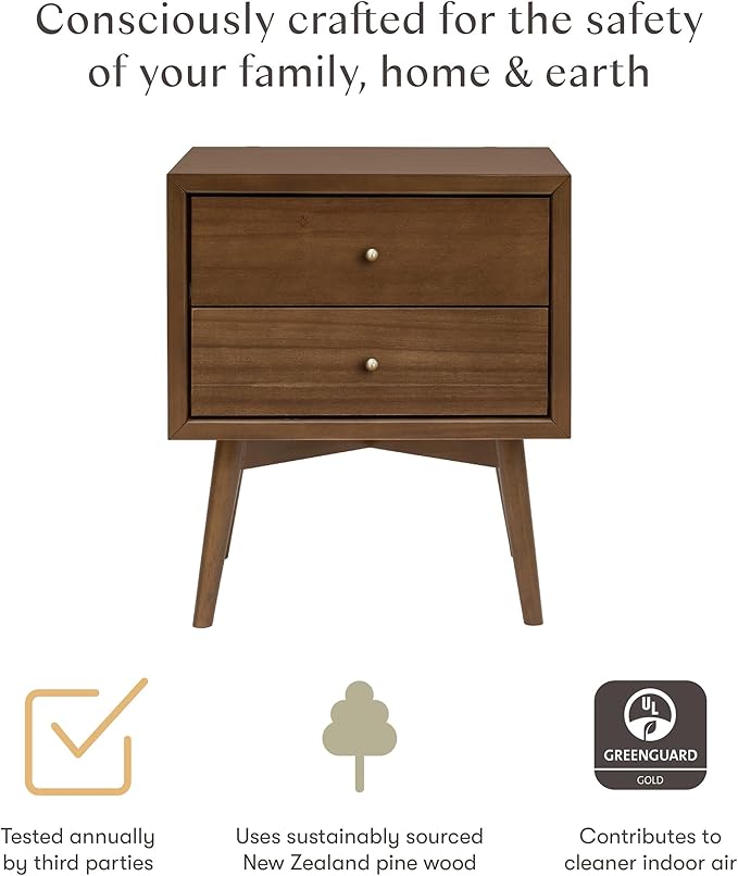 Babyletto Palma 2-Drawer Assembled Nightstand in Natural Walnut, GREENGUARD Gold Certified, Mid-Century Modern Design