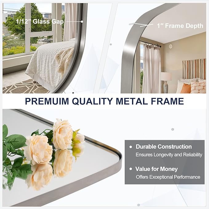 ANDY STAR Brushed Nickel Bathroom Mirror, 32x48 Oblong Mirror with Stainless Steel Metal Frame, Silver Oval Vanity Mirror for Over Sink, Modern Anti Rust Wall Mounted