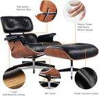 Top Black Grain Leather, Mid Century Chaise Lounge Chair and Ottoman, Accent Chair, Modern Chair, Classic Design, Heavy Duty Base Support for Living Room Lounge Office, Palisander, Heightening