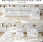 138" Boneless Cloud Couch Modular Sectional Sofa with Deep Seat for Living Room, L Shape Couch with Ottoman, Snowflake Cloth and 40D Memory Sponge，2 Throw Pillows (White, 4 Seater+1 Ottoman)