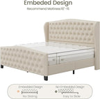 LARMACE King Size Bed Frame Velvet Upholstered Platform Bed with Wingback Headboard & Footbaord, Deep Button Tufted Bed Frame with Wood Slats Support, No Box Spring Needed, Beige