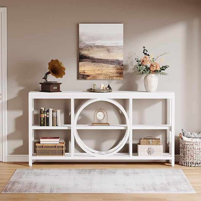 Tribesigns 70.9 Inch Extra Long Console Table for Entryway, Sofa Table Behind Couch with 3 Tier Wood Storage Shelves Industrial Metal Frame for Living Room Hallway Entryway, Pure White