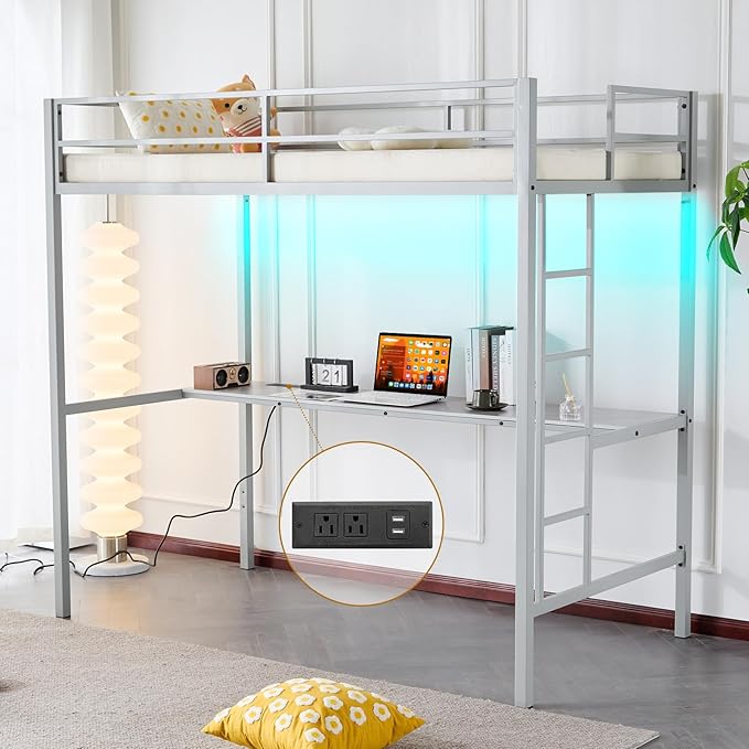 Karl home Twin Metal Loft Bed with Desk, with Power Outlet and LED Lighted, Safety Guardrail & Ladder, Space Saving, No Noise, No Box Spring Needed, Grey