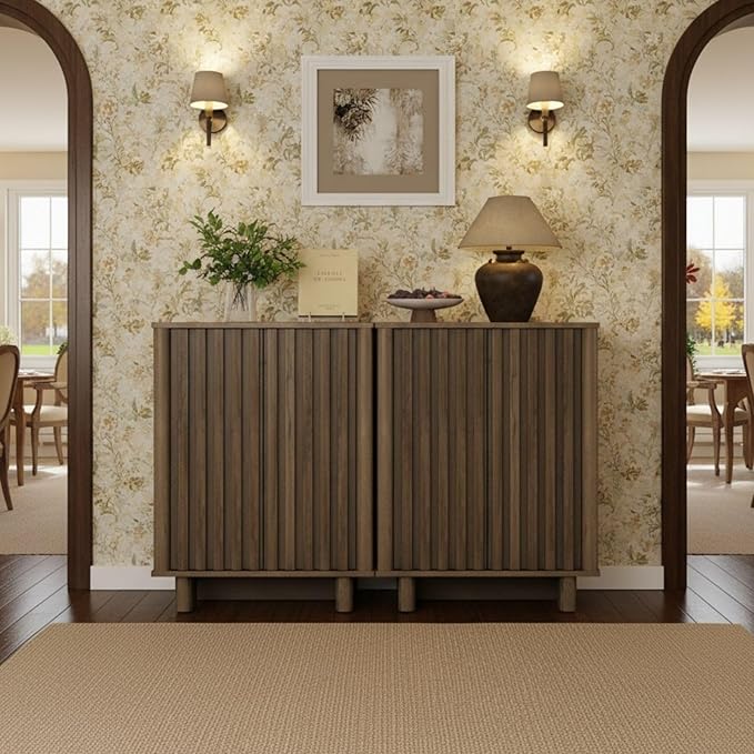 LukeAlon Fluted Sideboard Cabinet with Storage, Mid-Century Modern Accent Buffet Cabinet, 31.5" Height Wooden Small Credenza Cabinets for Living Room Dining Room Entryway Hallway, Walnut Color